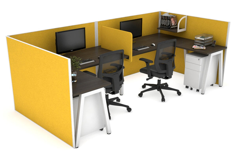 Quadro A Legs 2 Person Corner Workstation - U Configuration - White Frame [1800L x 1800W with Cable Scallop]-dark oak mustard yellow biscuit panel