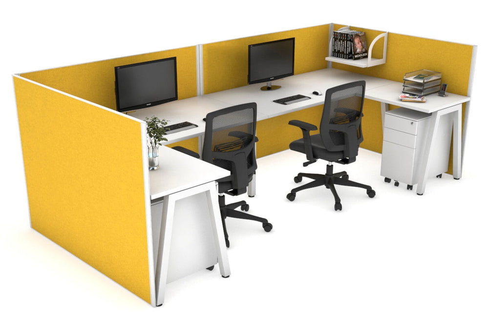 Quadro A Legs 2 Person Corner Workstation - U Configuration - White Frame [1800L x 1800W with Cable Scallop]-white mustard yellow none
