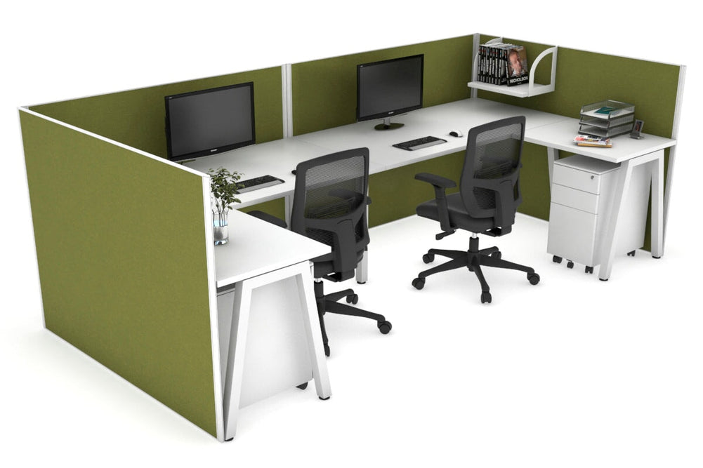 Quadro A Legs 2 Person Corner Workstation - U Configuration - White Frame [1800L x 1800W with Cable Scallop]-white green moss none
