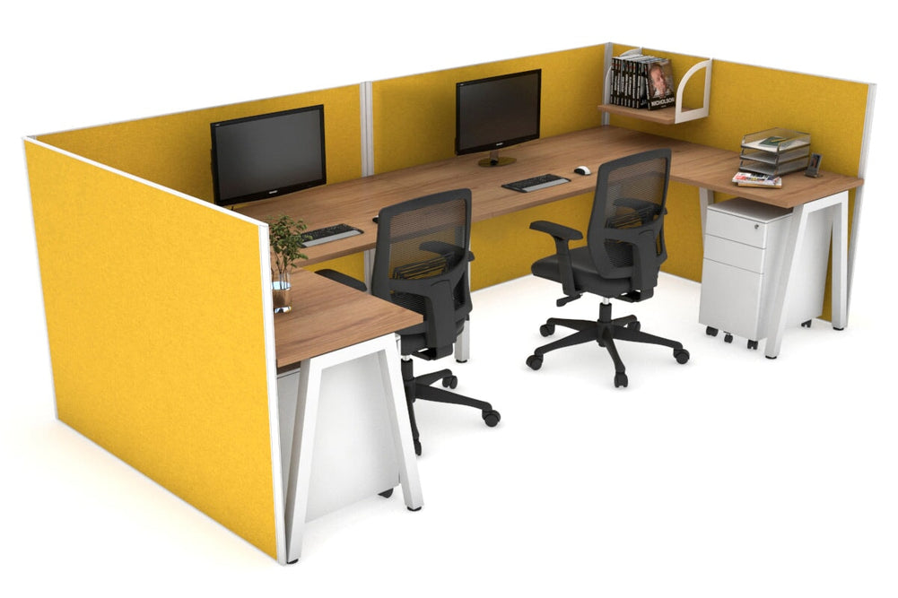 Quadro A Legs 2 Person Corner Workstation - U Configuration - White Frame [1800L x 1800W with Cable Scallop]-salvage oak mustard yellow none