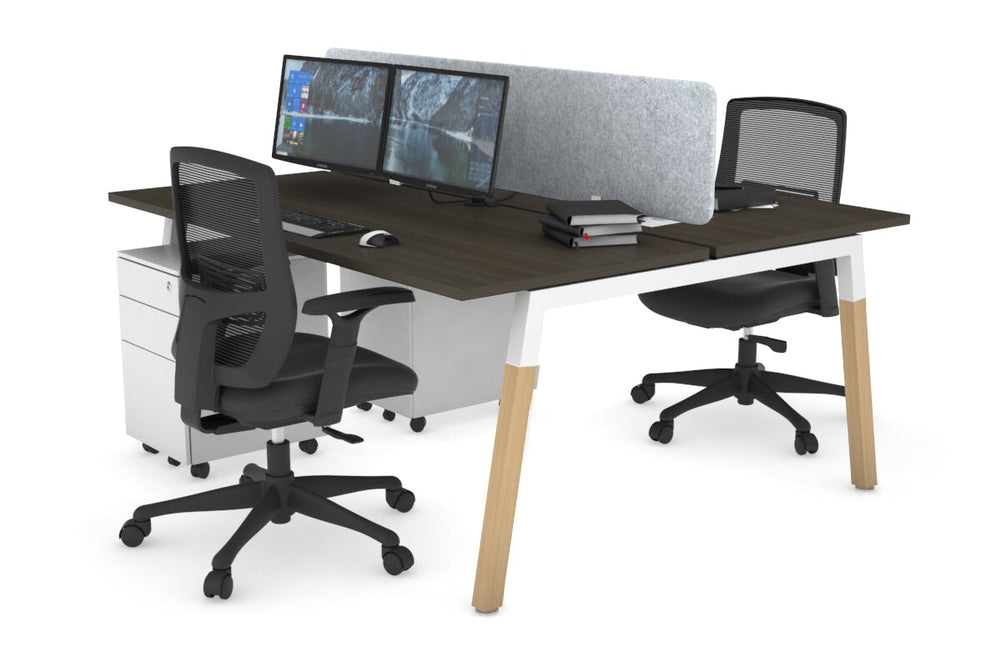 Quadro A Legs 2 Person Office Workstation - Wood Legs Cross Beam [1200L x 700W]-white leg dark oak light grey acoustic panel (400H x 1200W)