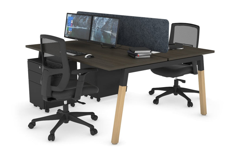 Quadro A Legs 2 Person Office Workstation - Wood Legs Cross Beam [1200L x 700W]-black leg dark oak dark grey acoustic panel (400H x 1200W)