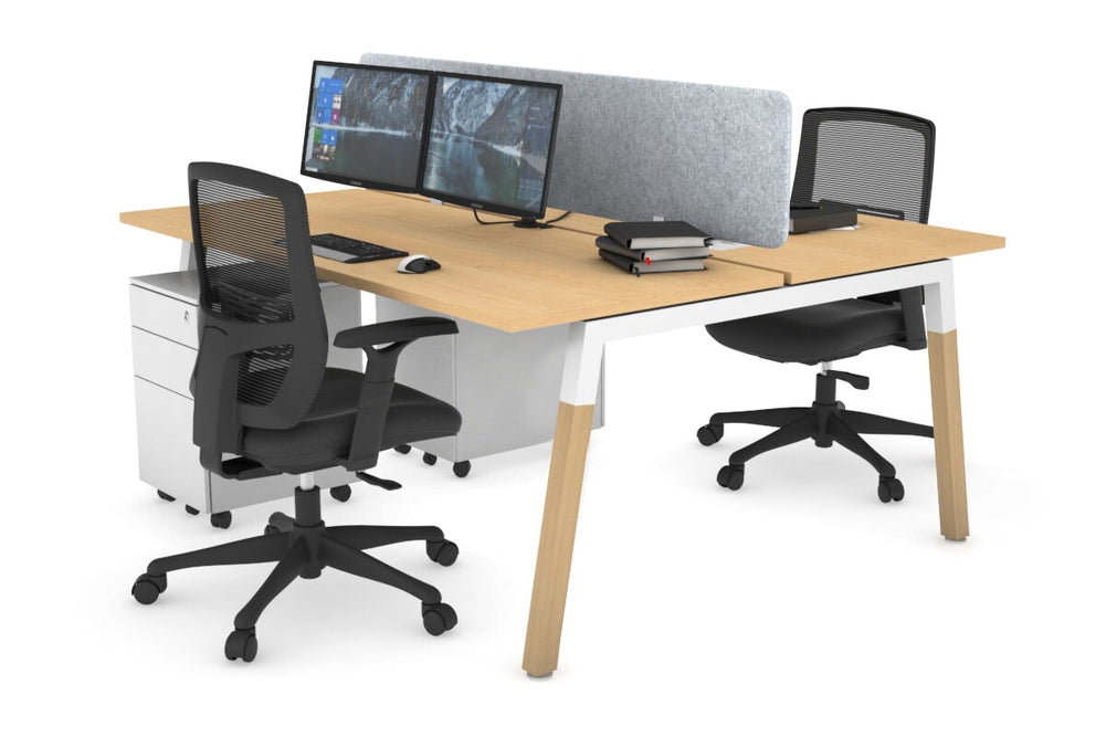 Quadro A Legs 2 Person Office Workstation - Wood Legs Cross Beam [1200L x 700W]-white leg maple light grey acoustic panel (400H x 1200W)