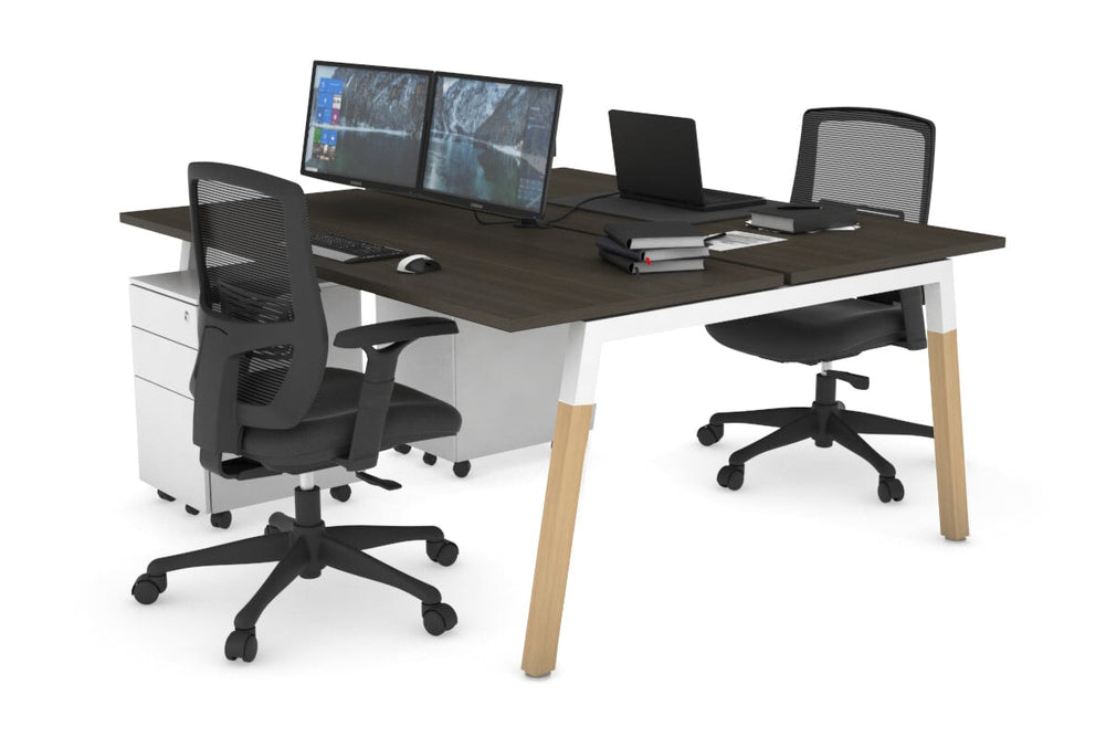 Quadro A Legs 2 Person Office Workstation - Wood Legs Cross Beam [1200L x 700W]-white leg dark oak none