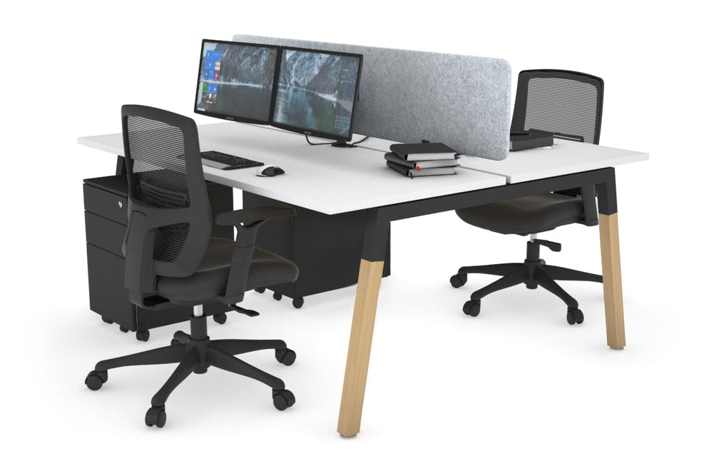 Quadro A Legs 2 Person Office Workstation - Wood Legs Cross Beam [1200L x 700W]-black leg white light grey acoustic panel (400H x 1200W)