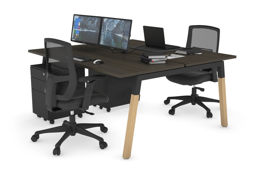 Quadro A Legs 2 Person Office Workstation - Wood Legs Cross Beam [1200L x 700W]-black leg dark oak none