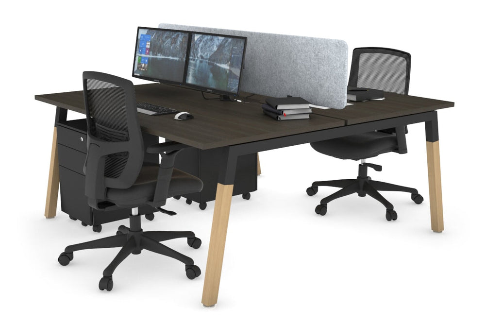 Quadro A Legs 2 Person Office Workstation - Wood Legs Cross Beam [1200L x 800W with Cable Scallop]-black leg dark oak light grey acoustic panel (400H x 1200W)