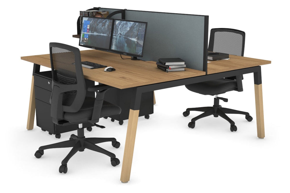 Quadro A Legs 2 Person Office Workstation - Wood Legs Cross Beam [1200L x 800W with Cable Scallop]-black leg salvage oak cool grey (500H x 1200W)