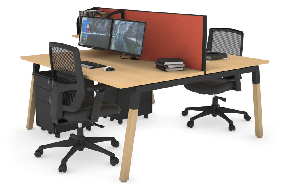 Quadro A Legs 2 Person Office Workstation - Wood Legs Cross Beam [1200L x 800W with Cable Scallop]-black leg maple orange squash (500H x 1200W)