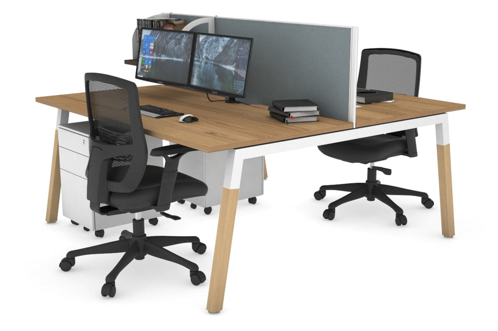 Quadro A Legs 2 Person Office Workstation - Wood Legs Cross Beam [1200L x 800W with Cable Scallop]-white leg salvage oak cool grey (500H x 1200W)