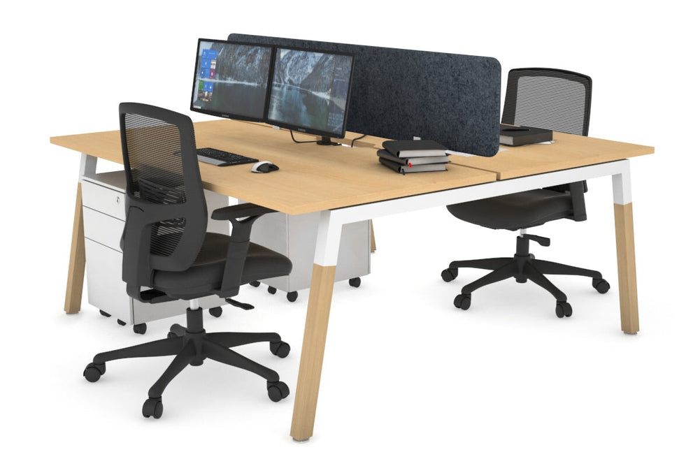 Quadro A Legs 2 Person Office Workstation - Wood Legs Cross Beam [1200L x 800W with Cable Scallop]-white leg maple dark grey acoustic panel (400H x 1200W)