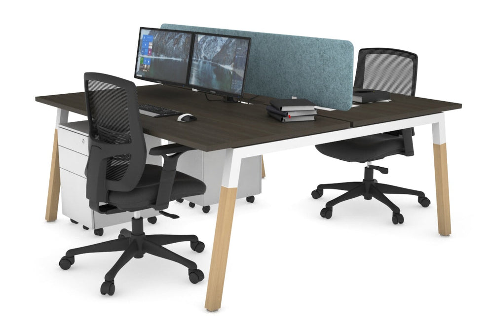 Quadro A Legs 2 Person Office Workstation - Wood Legs Cross Beam [1200L x 800W with Cable Scallop]-white leg dark oak blue acoustic panel (400H x 1200W)