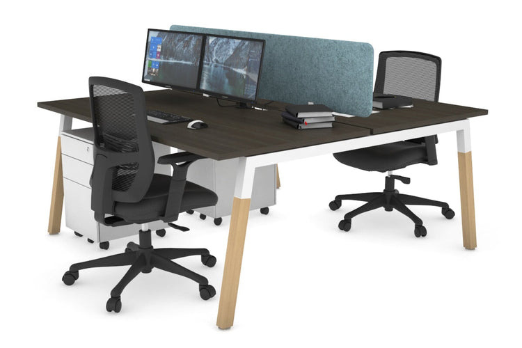 Quadro A Leg 2 Person Office Workstations - Wood Leg Cross Beam [1200L x 800W with Cable Scallop] Jasonl white leg dark oak blue echo panel (400H x 1200W)