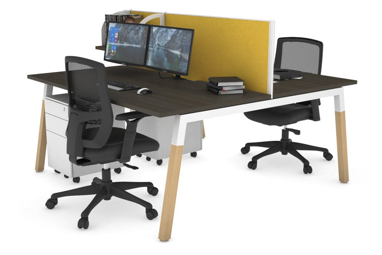 Quadro A Leg 2 Person Office Workstations - Wood Leg Cross Beam [1200L x 800W with Cable Scallop] Jasonl white leg dark oak mustard yellow (500H x 1200W)