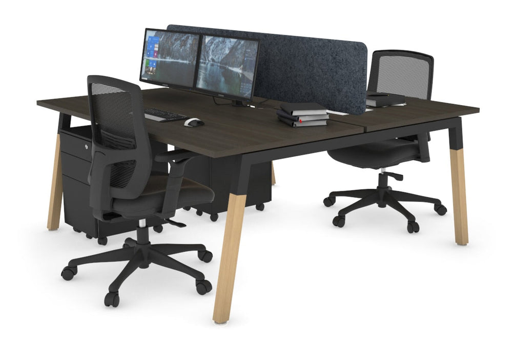 Quadro A Legs 2 Person Office Workstation - Wood Legs Cross Beam [1200L x 800W with Cable Scallop]-black leg dark oak dark grey acoustic panel (400H x 1200W)