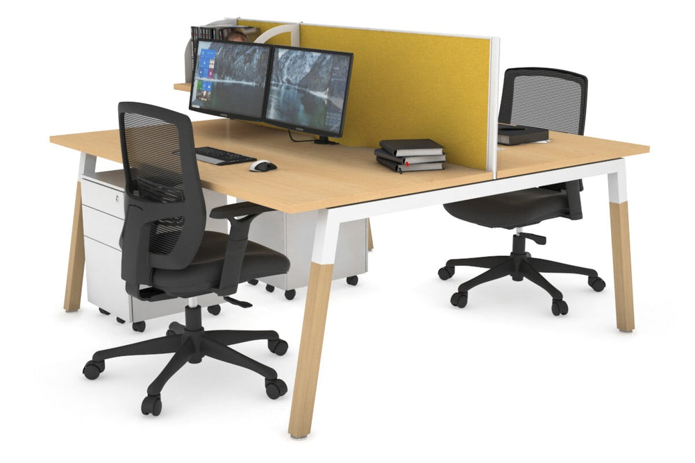 Quadro A Legs 2 Person Office Workstation - Wood Legs Cross Beam [1200L x 800W with Cable Scallop]-white leg maple mustard yellow (500H x 1200W)