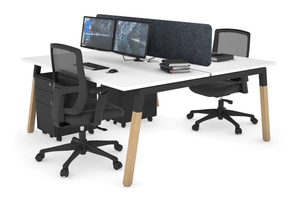 Quadro A Legs 2 Person Office Workstation - Wood Legs Cross Beam [1200L x 800W with Cable Scallop]-black leg white dark grey acoustic panel (400H x 1200W)