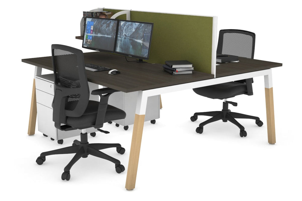 Quadro A Legs 2 Person Office Workstation - Wood Legs Cross Beam [1200L x 800W with Cable Scallop]-white leg dark oak green moss (500H x 1200W)