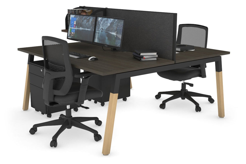 Quadro A Legs 2 Person Office Workstation - Wood Legs Cross Beam [1200L x 800W with Cable Scallop]-black leg dark oak moody charcoal (500H x 1200W)