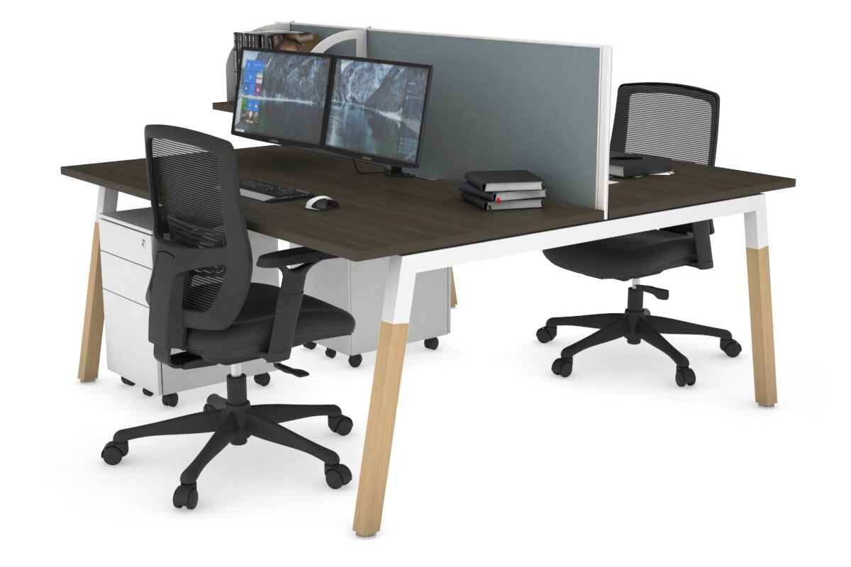 Quadro A Leg 2 Person Office Workstations - Wood Leg Cross Beam [1200L x 800W with Cable Scallop] Jasonl white leg dark oak cool grey (500H x 1200W)