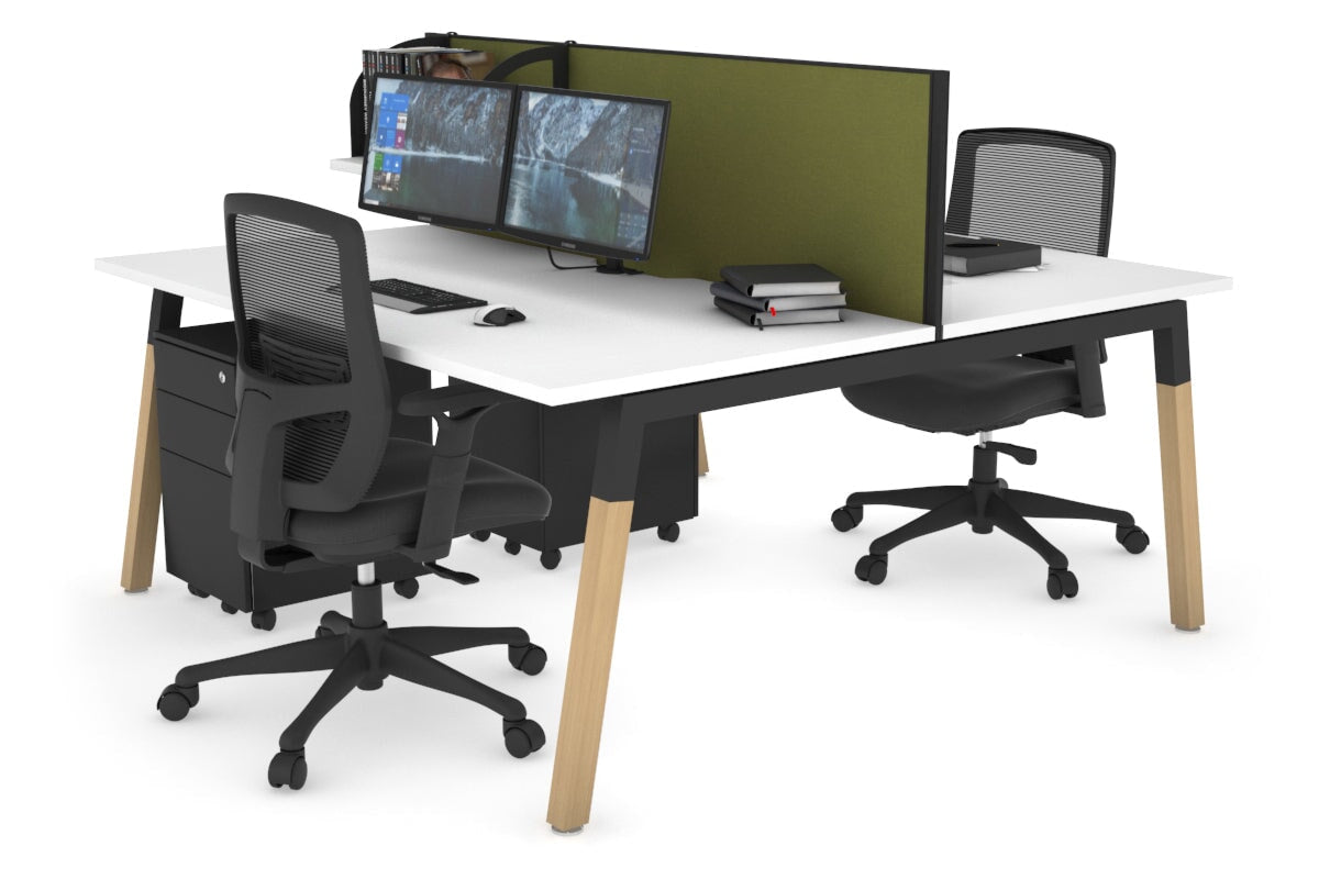 Quadro A Leg 2 Person Office Workstations - Wood Leg Cross Beam [1200L x 800W with Cable Scallop] Jasonl black leg white green moss (500H x 1200W)
