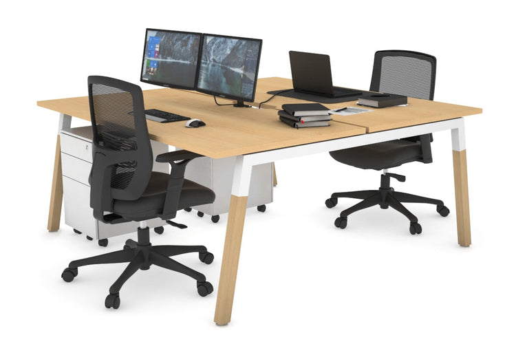 Quadro A Leg 2 Person Office Workstations - Wood Leg Cross Beam [1200L x 800W with Cable Scallop] Jasonl white leg maple none