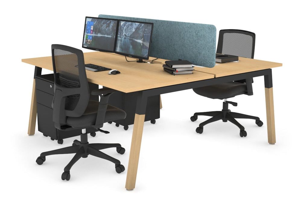 Quadro A Legs 2 Person Office Workstation - Wood Legs Cross Beam [1200L x 800W with Cable Scallop]-black leg maple blue acoustic panel (400H x 1200W)