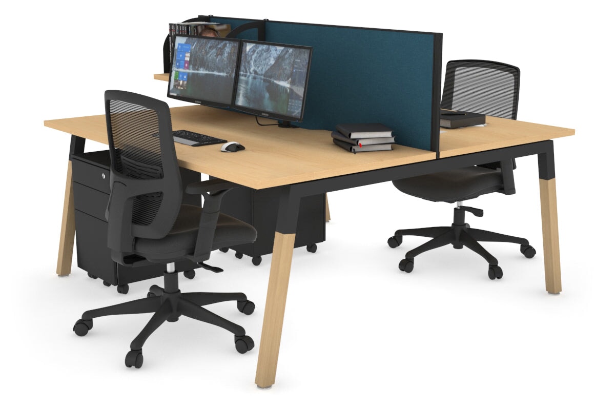 Quadro A Leg 2 Person Office Workstations - Wood Leg Cross Beam [1200L x 800W with Cable Scallop] Jasonl black leg maple deep blue (500H x 1200W)