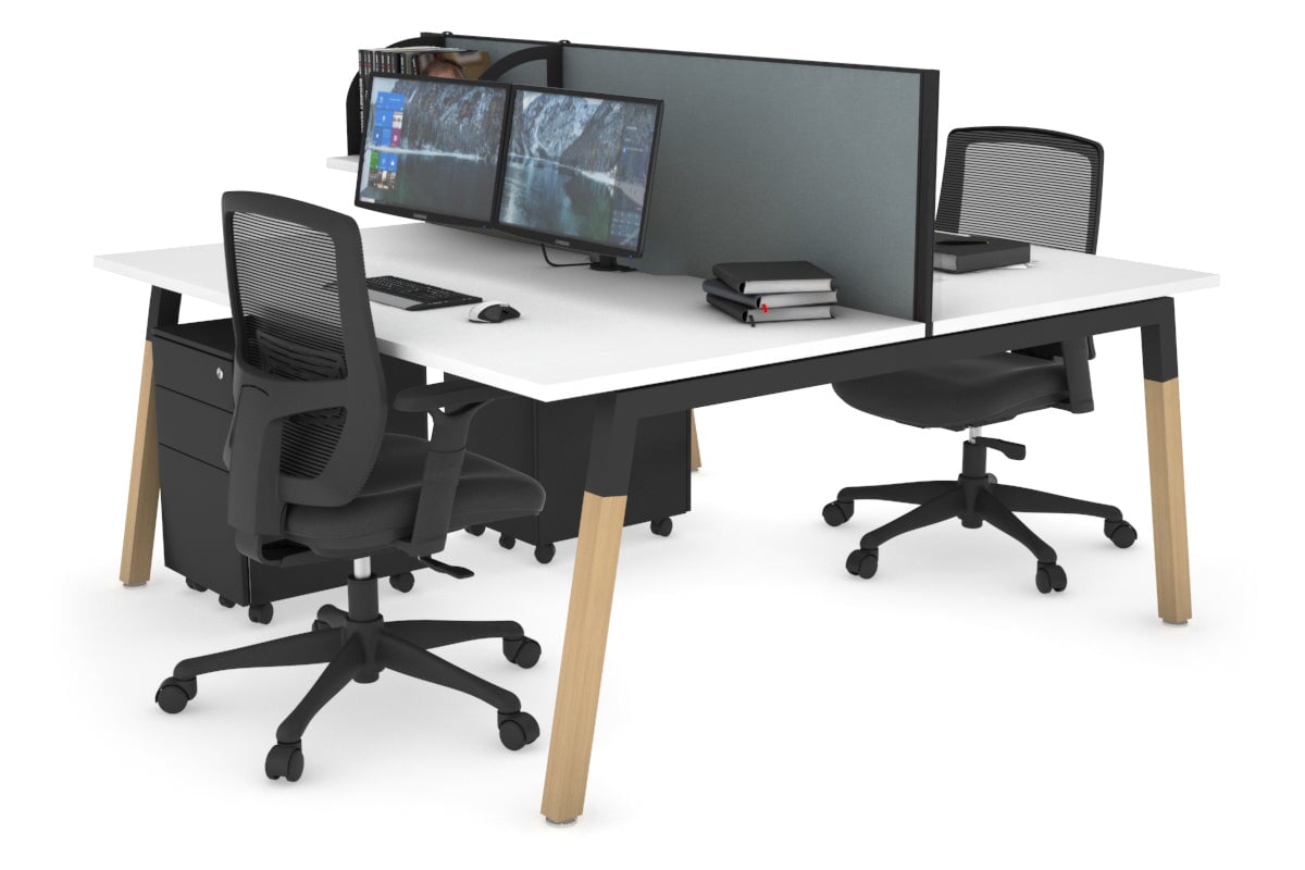Quadro A Leg 2 Person Office Workstations - Wood Leg Cross Beam [1200L x 800W with Cable Scallop] Jasonl black leg white cool grey (500H x 1200W)