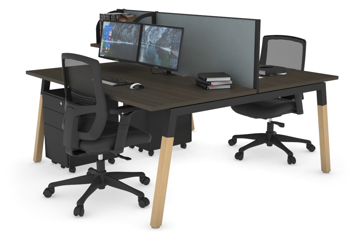 Quadro A Leg 2 Person Office Workstations - Wood Leg Cross Beam [1200L x 800W with Cable Scallop] Jasonl black leg dark oak cool grey (500H x 1200W)