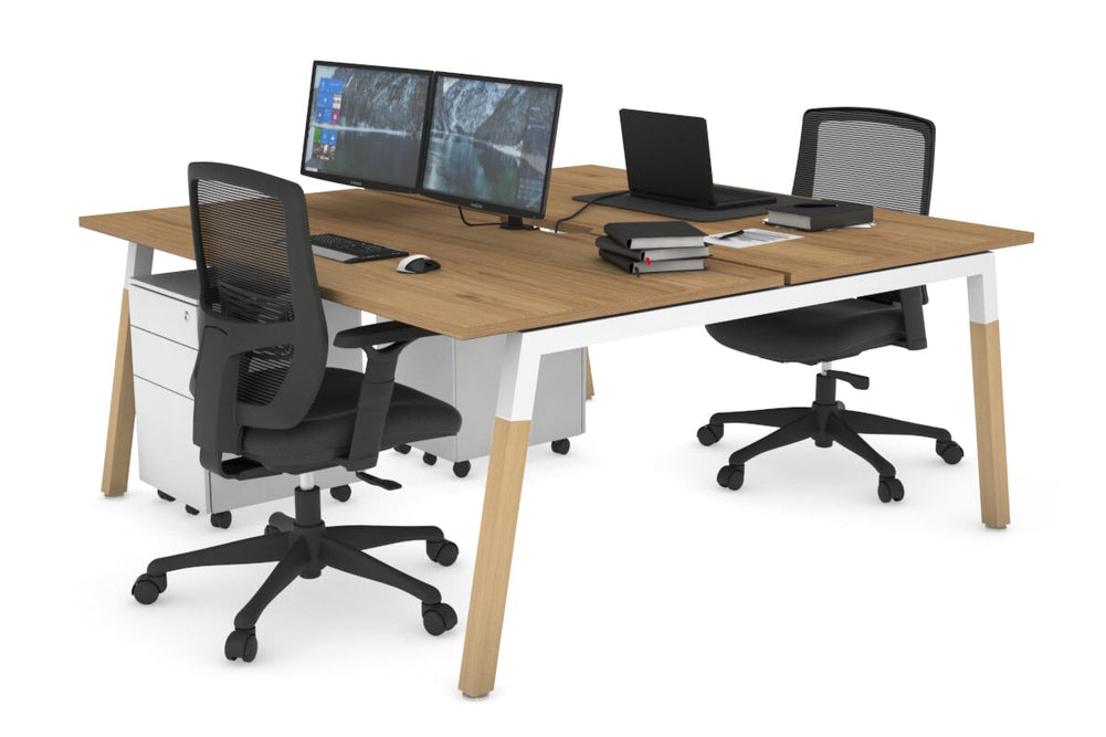 Quadro A Legs 2 Person Office Workstation - Wood Legs Cross Beam [1200L x 800W with Cable Scallop]-white leg salvage oak none