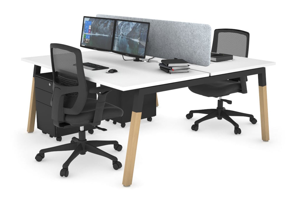 Quadro A Legs 2 Person Office Workstation - Wood Legs Cross Beam [1200L x 800W with Cable Scallop]-black leg white light grey acoustic panel (400H x 1200W)