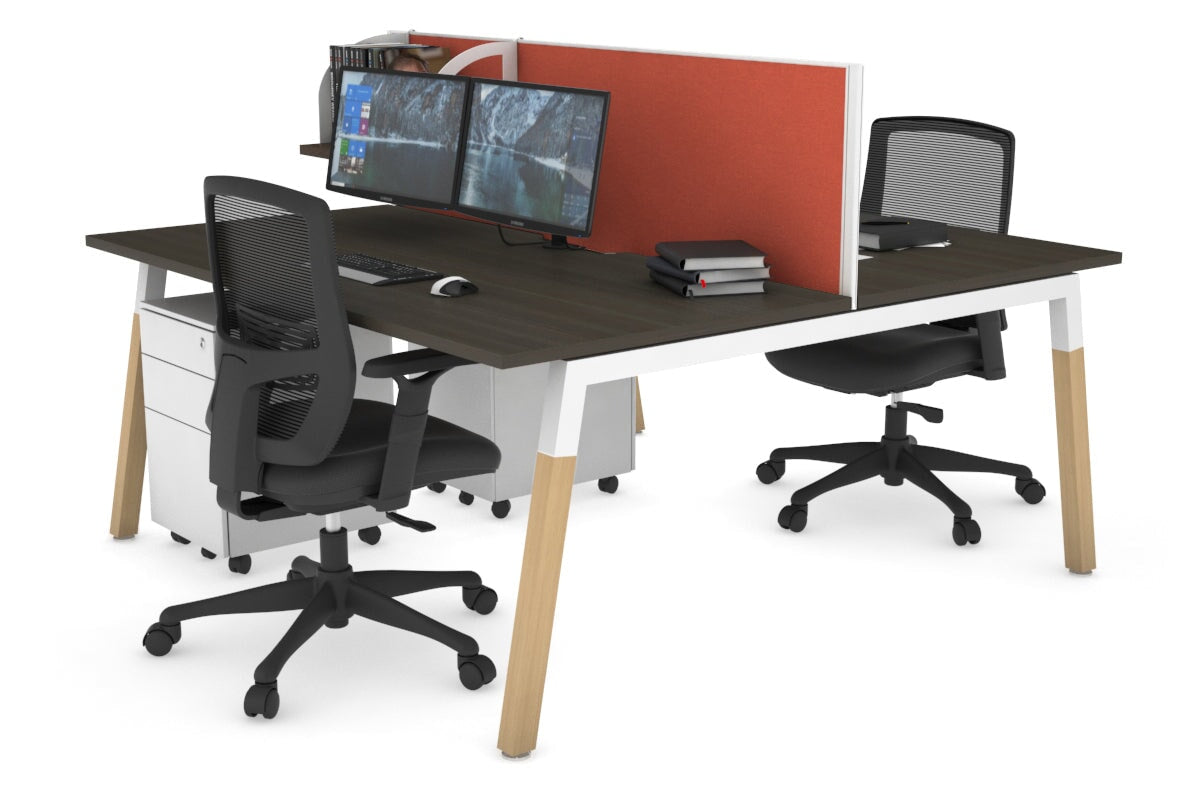 Quadro A Leg 2 Person Office Workstations - Wood Leg Cross Beam [1200L x 800W with Cable Scallop] Jasonl white leg dark oak orange squash (500H x 1200W)