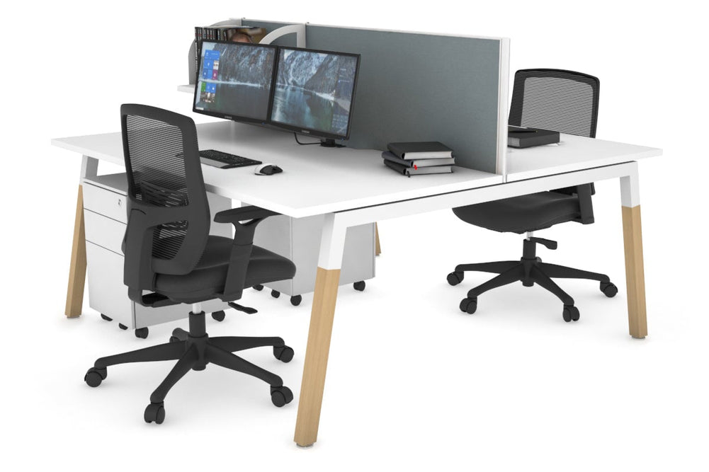 Quadro A Legs 2 Person Office Workstation - Wood Legs Cross Beam [1200L x 800W with Cable Scallop]-white leg white cool grey (500H x 1200W)