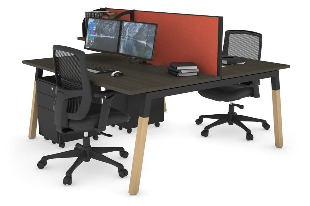 Quadro A Legs 2 Person Office Workstation - Wood Legs Cross Beam [1200L x 800W with Cable Scallop]-black leg dark oak orange squash (500H x 1200W)