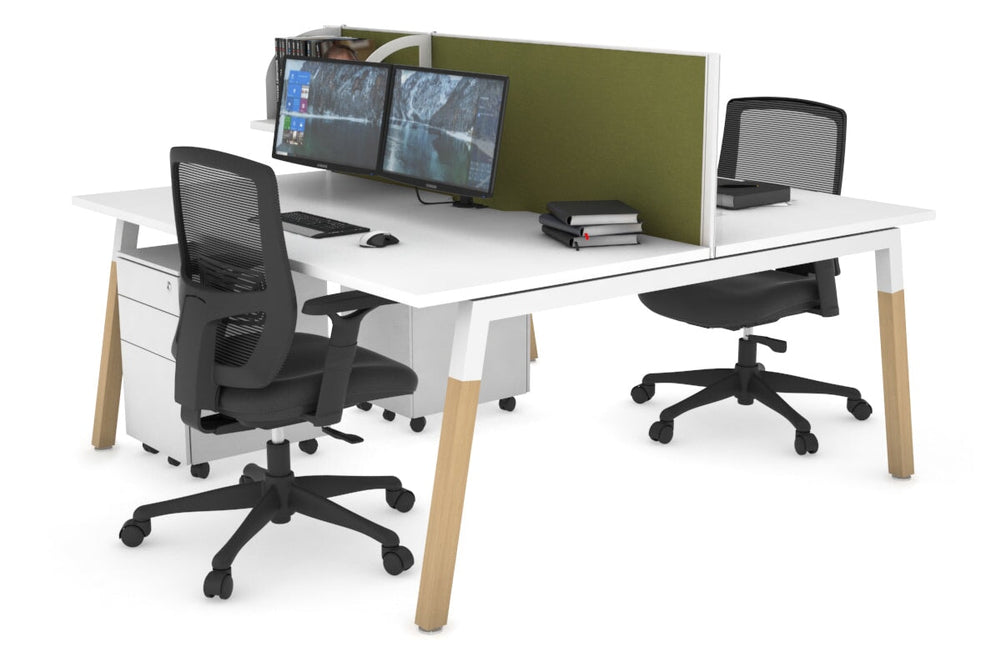 Quadro A Legs 2 Person Office Workstation - Wood Legs Cross Beam [1200L x 800W with Cable Scallop]-white leg white green moss (500H x 1200W)