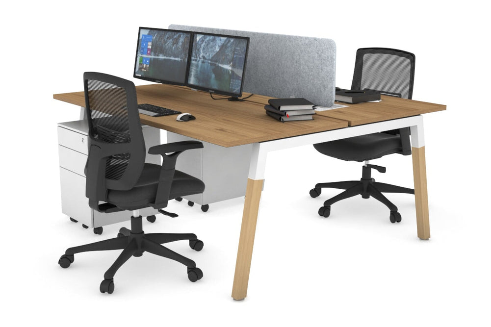 Quadro A Legs 2 Person Office Workstation - Wood Legs Cross Beam [1400L x 700W]-white leg salvage oak light grey acoustic panel (400H x 1200W)
