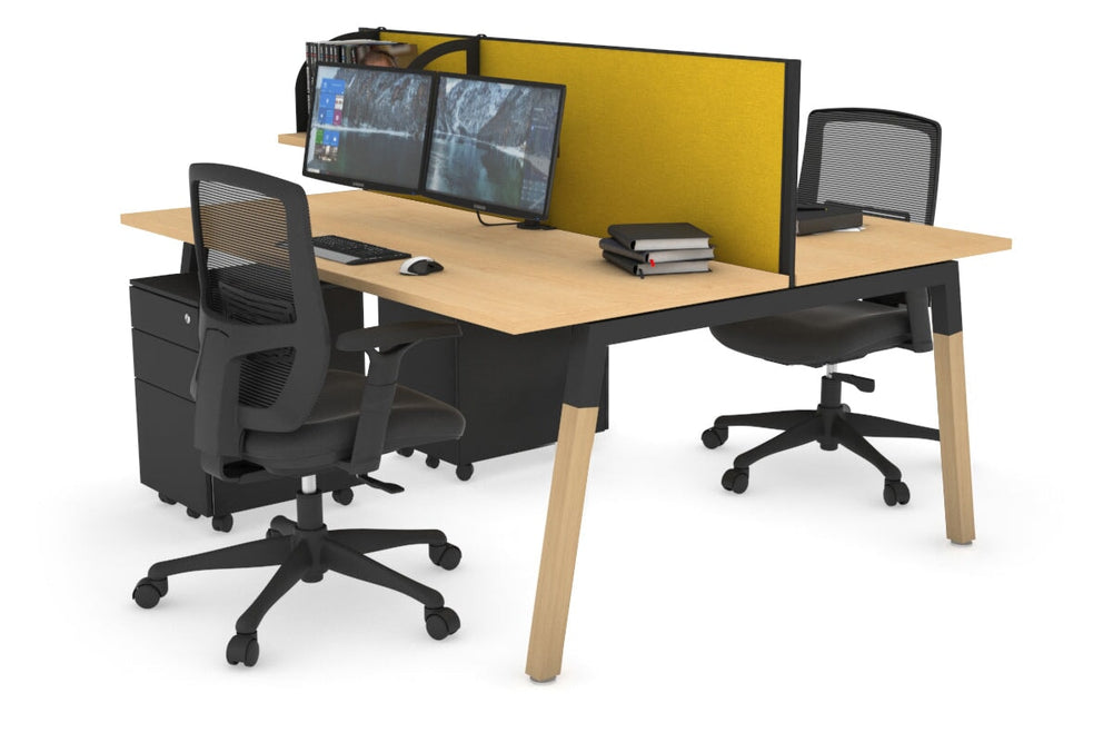 Quadro A Legs 2 Person Office Workstation - Wood Legs Cross Beam [1400L x 700W]-black leg maple mustard yellow (500H x 1400W)