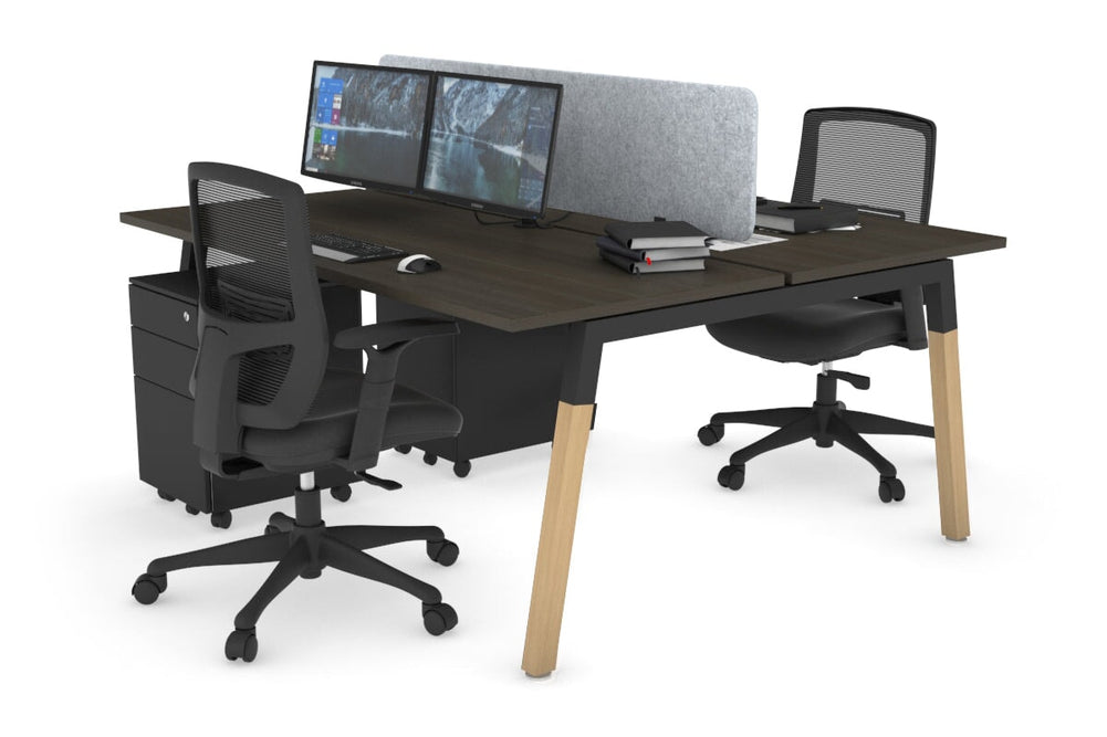 Quadro A Legs 2 Person Office Workstation - Wood Legs Cross Beam [1400L x 700W]-black leg dark oak light grey acoustic panel (400H x 1200W)