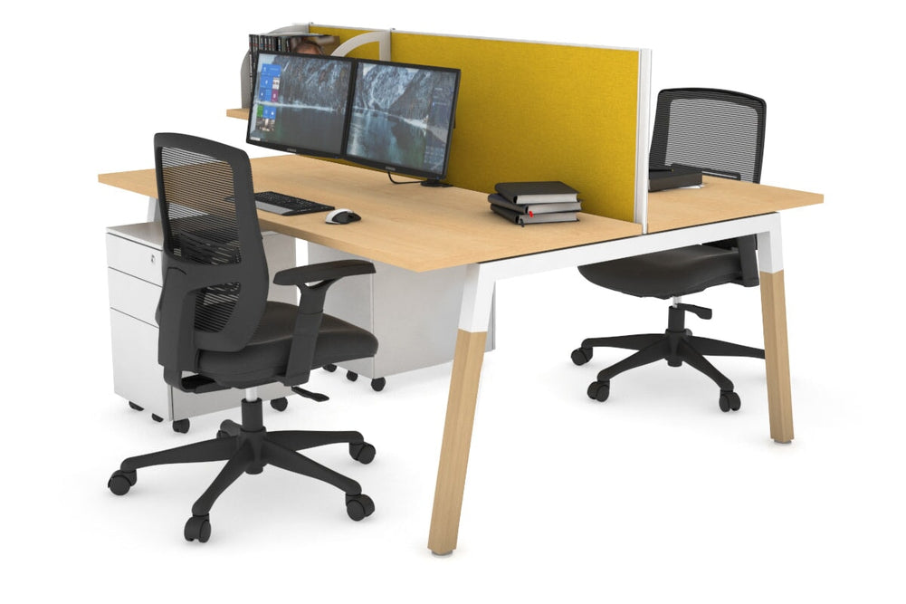 Quadro A Legs 2 Person Office Workstation - Wood Legs Cross Beam [1400L x 700W]-white leg maple mustard yellow (500H x 1400W)