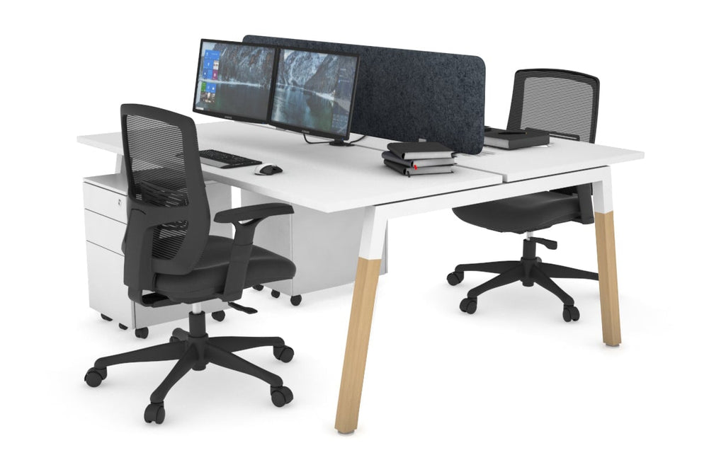 Quadro A Legs 2 Person Office Workstation - Wood Legs Cross Beam [1400L x 700W]-white leg white dark grey acoustic panel (400H x 1200W)