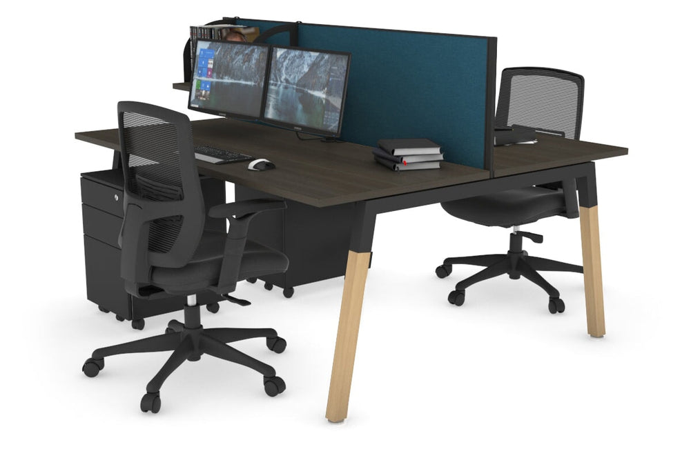 Quadro A Legs 2 Person Office Workstation - Wood Legs Cross Beam [1400L x 700W]-black leg dark oak deep blue (500H x 1400W)