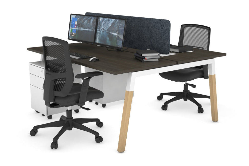 Quadro A Legs 2 Person Office Workstation - Wood Legs Cross Beam [1400L x 700W]-white leg dark oak dark grey acoustic panel (400H x 1200W)