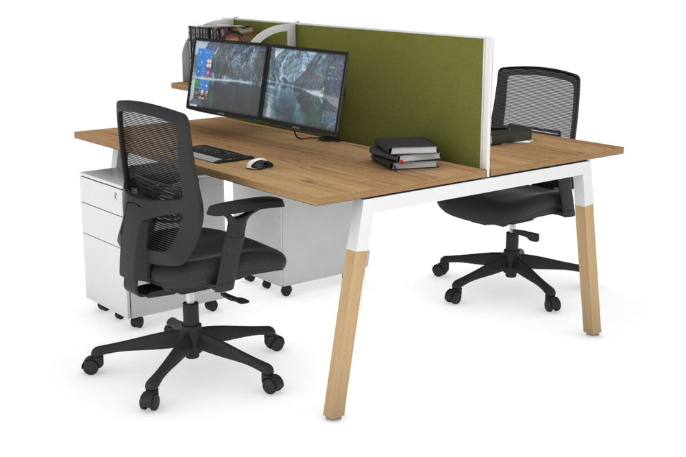Quadro A Legs 2 Person Office Workstation - Wood Legs Cross Beam [1400L x 700W]-white leg salvage oak green moss (500H x 1400W)
