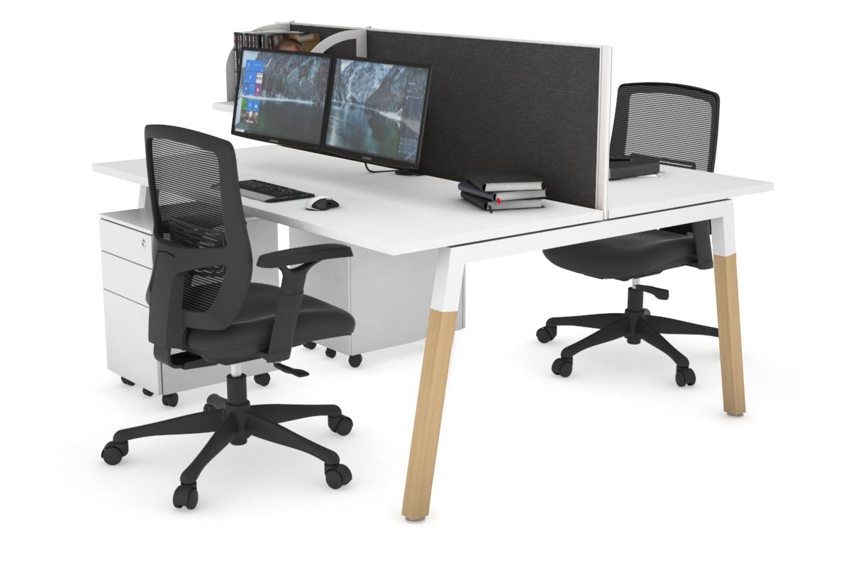 Quadro A Leg 2 Person Office Workstations - Wood Leg Cross Beam [1400L x 700W] Jasonl white leg white moody charcoal (500H x 1400W)
