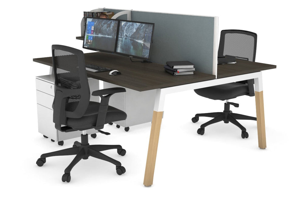 Quadro A Legs 2 Person Office Workstation - Wood Legs Cross Beam [1400L x 700W]-white leg dark oak cool grey (500H x 1400W)