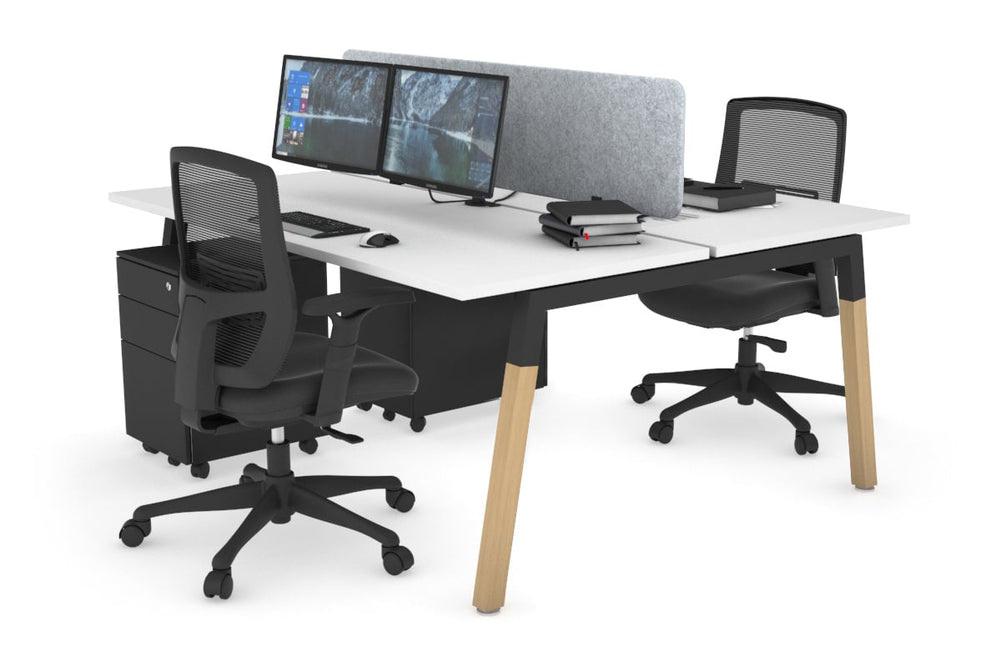 Quadro A Legs 2 Person Office Workstation - Wood Legs Cross Beam [1400L x 700W]-black leg white light grey acoustic panel (400H x 1200W)