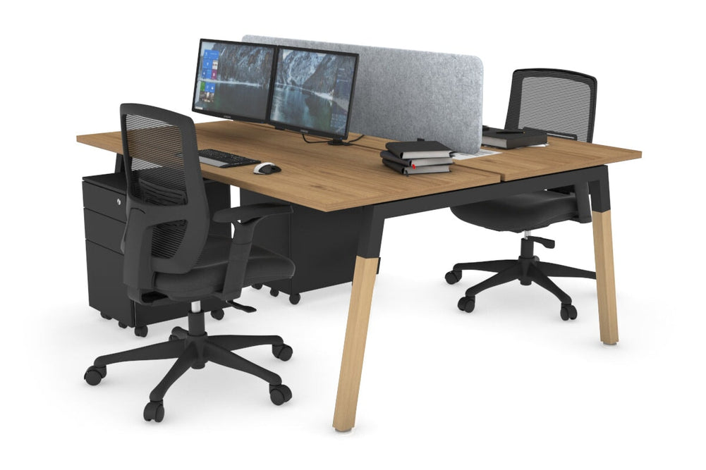 Quadro A Legs 2 Person Office Workstation - Wood Legs Cross Beam [1400L x 700W]-black leg salvage oak light grey acoustic panel (400H x 1200W)