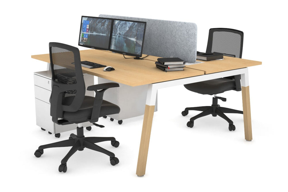 Quadro A Legs 2 Person Office Workstation - Wood Legs Cross Beam [1400L x 700W]-white leg maple light grey acoustic panel (400H x 1200W)
