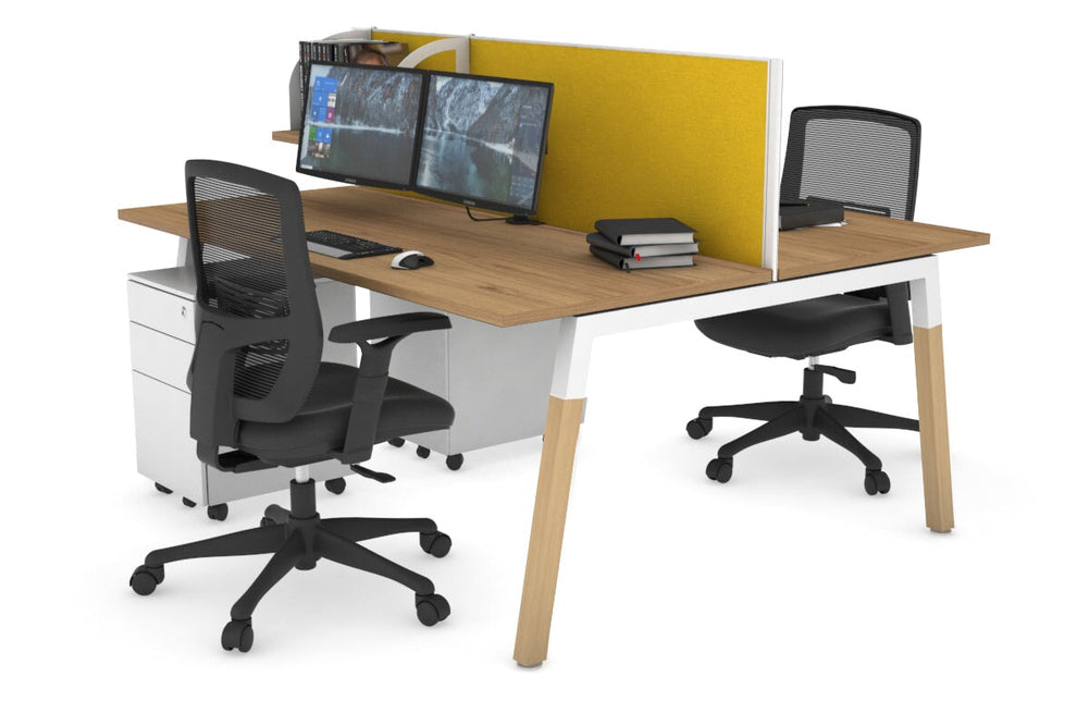 Quadro A Legs 2 Person Office Workstation - Wood Legs Cross Beam [1400L x 700W]-white leg salvage oak mustard yellow (500H x 1400W)